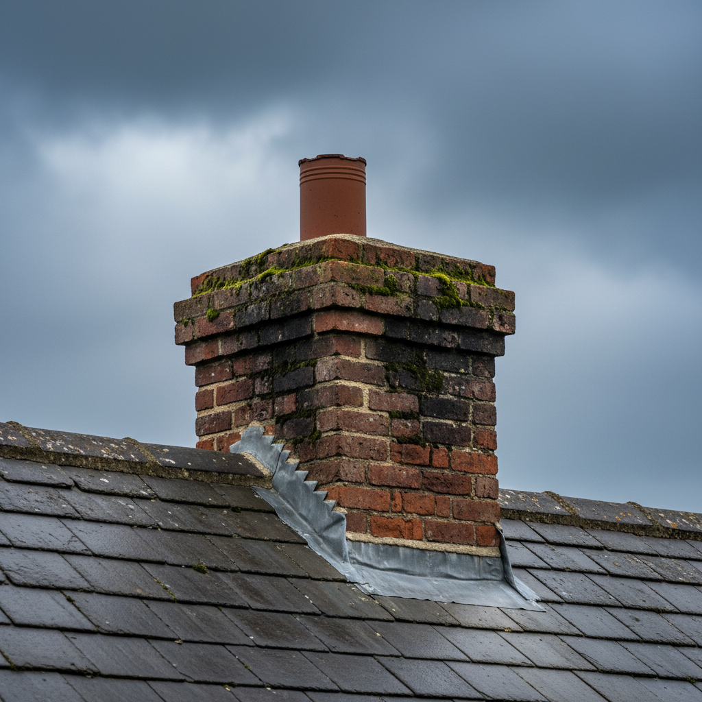 Close-up of lead flashing at the base of a brick chimney on a slate roof under a cloudy sky