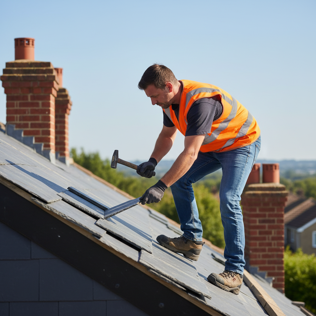 Roofer installing slate tiles on a residential house under a clear sky