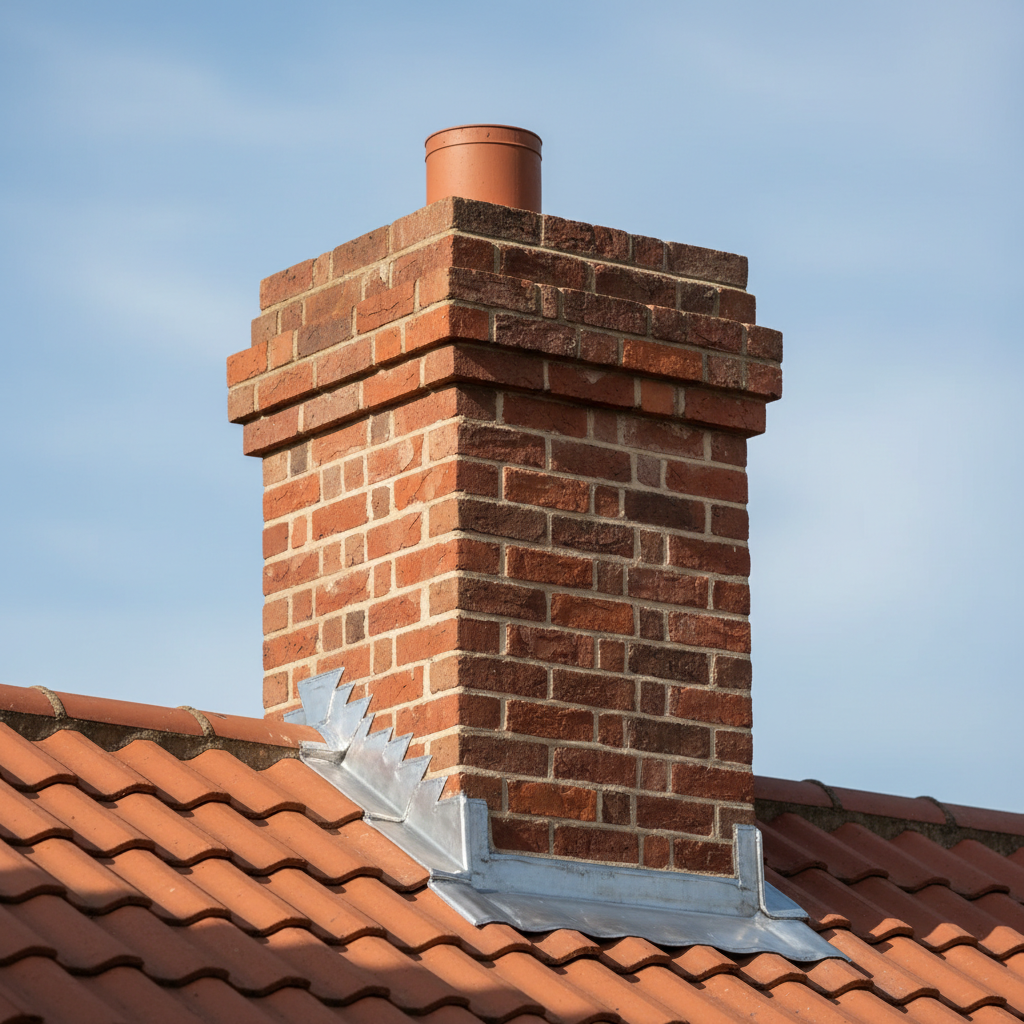 Well-maintained red brick chimney with clean mortar and lead flashing on a residential roof
