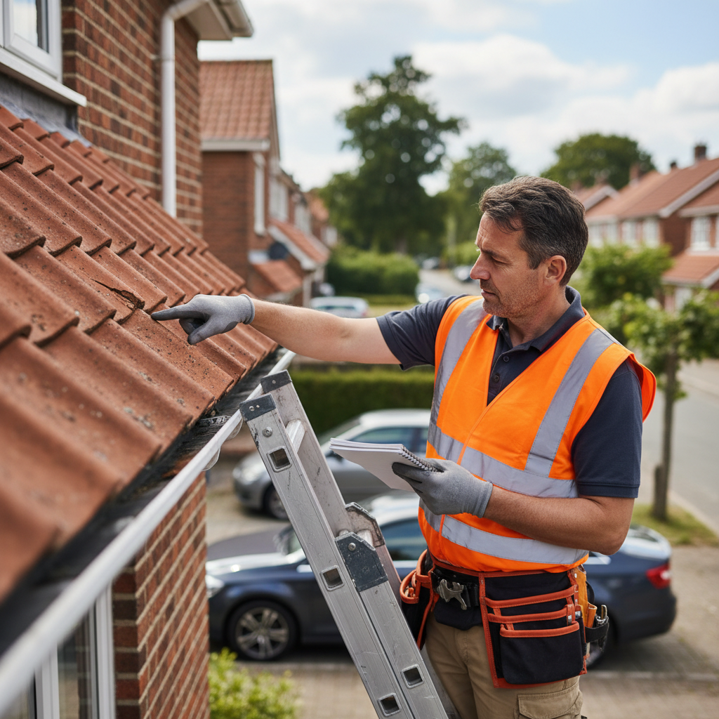 Roofer on a ladder inspecting a cracked clay tile on a brick house roof