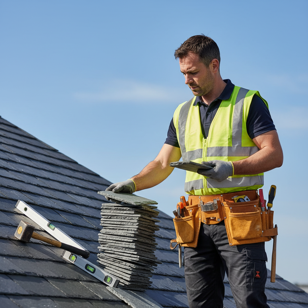 Roofer in safety gear inspecting slate tiles on a house roof during a sunny day