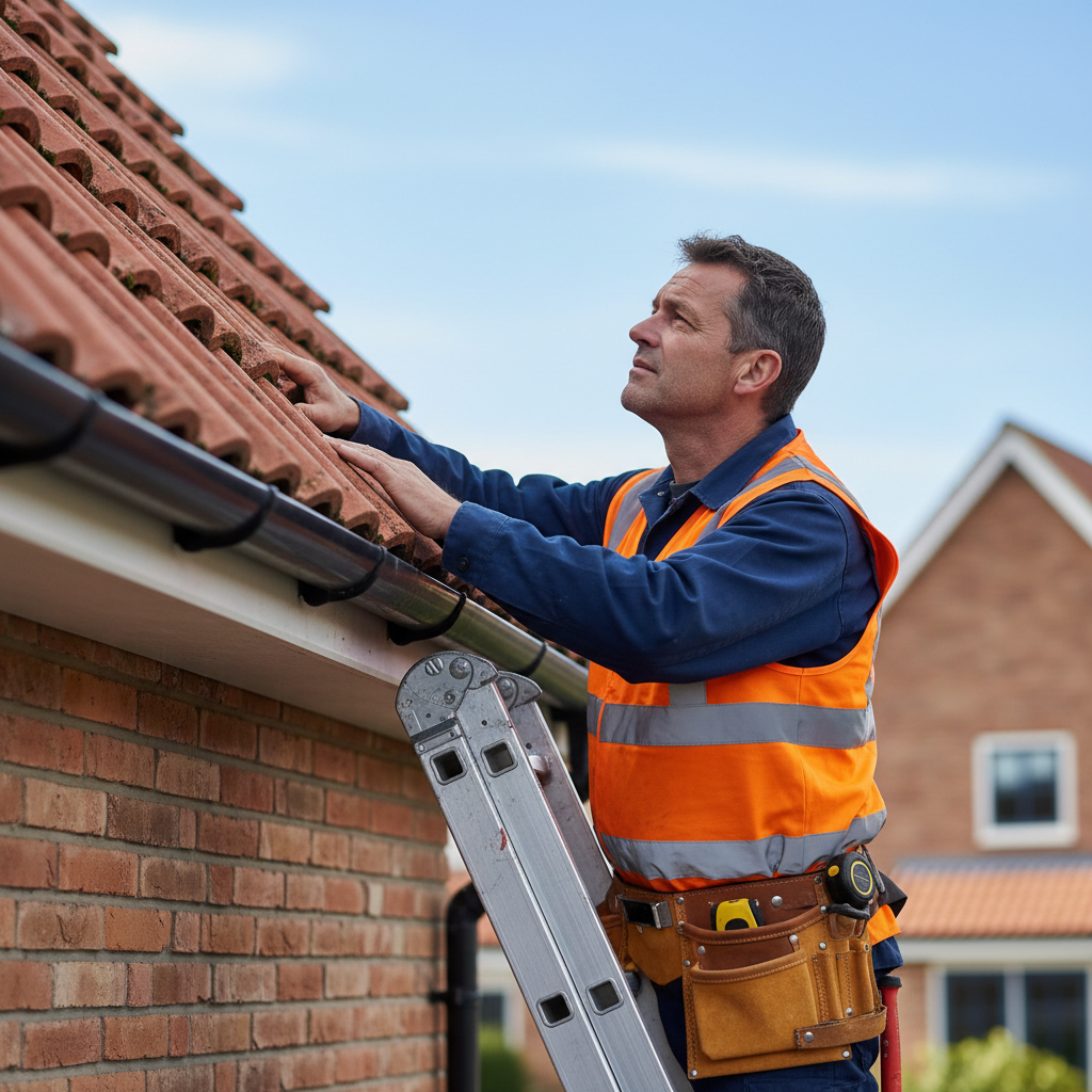 Roofer in high-visibility gear inspecting red clay tiles on a residential brick house