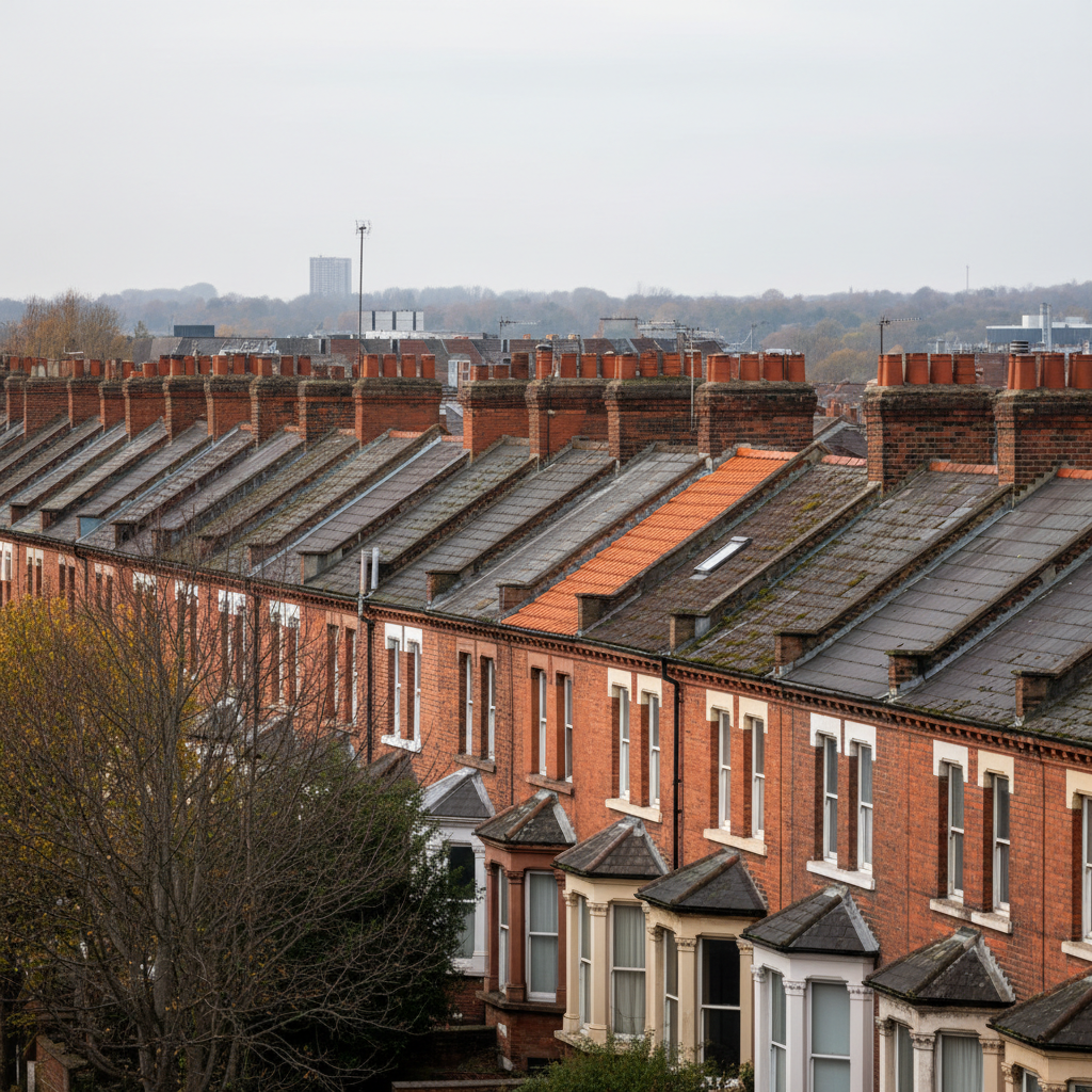 Row of Victorian terrace houses showing a roof with mismatched replacement tiles that stand out from the original materials