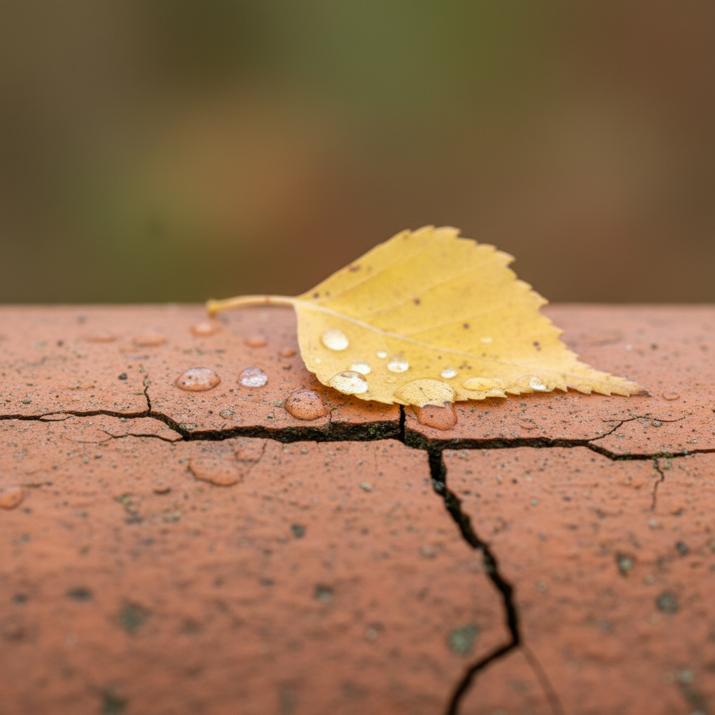Close up of a cracked clay roof tile with a fallen leaf