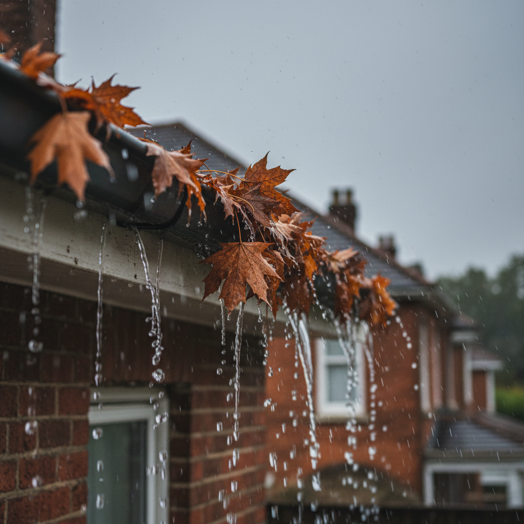 Wet autumn leaves clogging a house gutter during rain