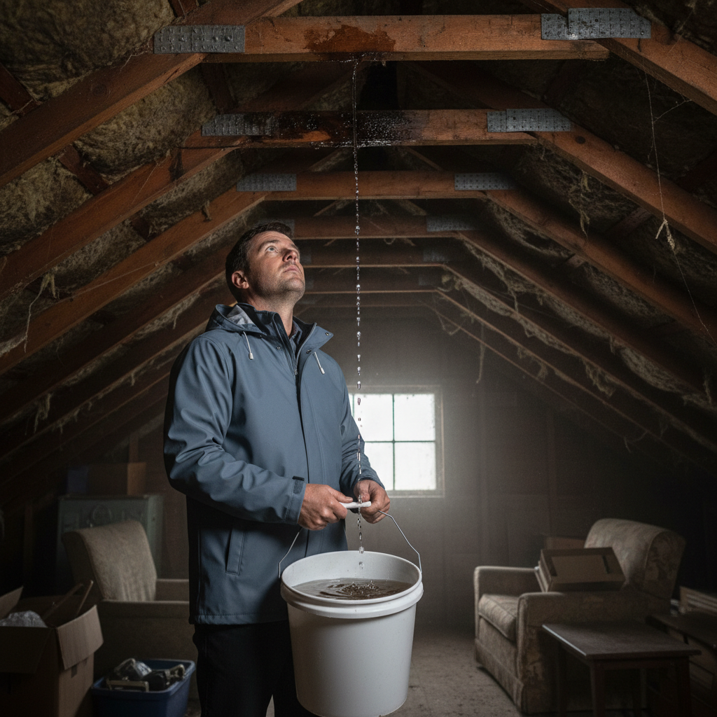 A homeowner catches water in a bucket inside a dark attic with water damaged wooden beams