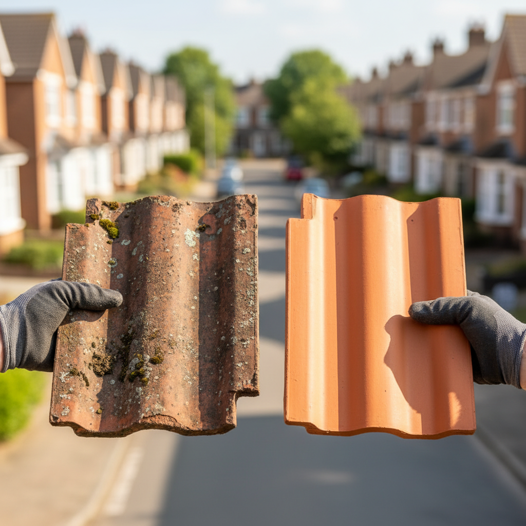 Roofer comparing an old weathered clay tile with a new one against a blurred house background