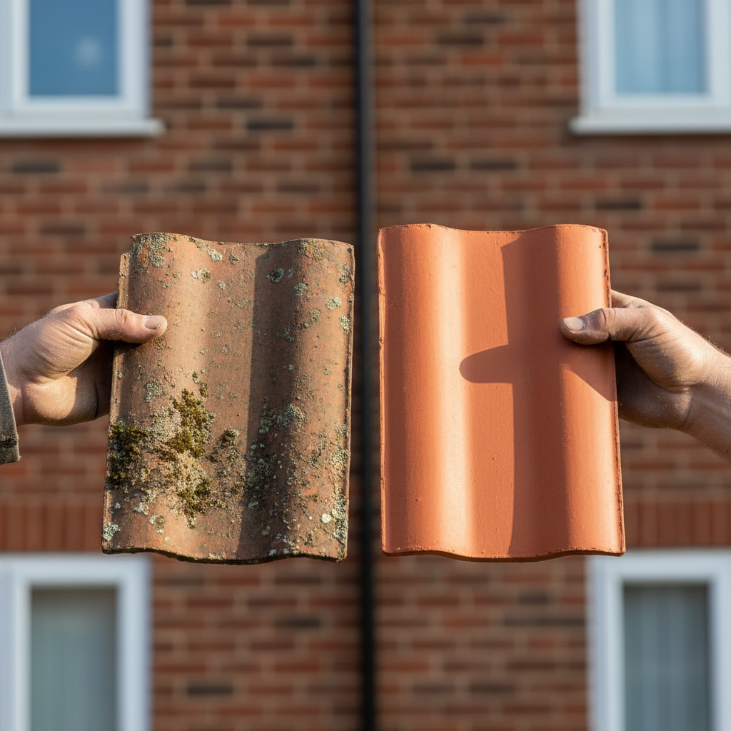Roofer comparing a weathered clay tile with a new one against a brick house background