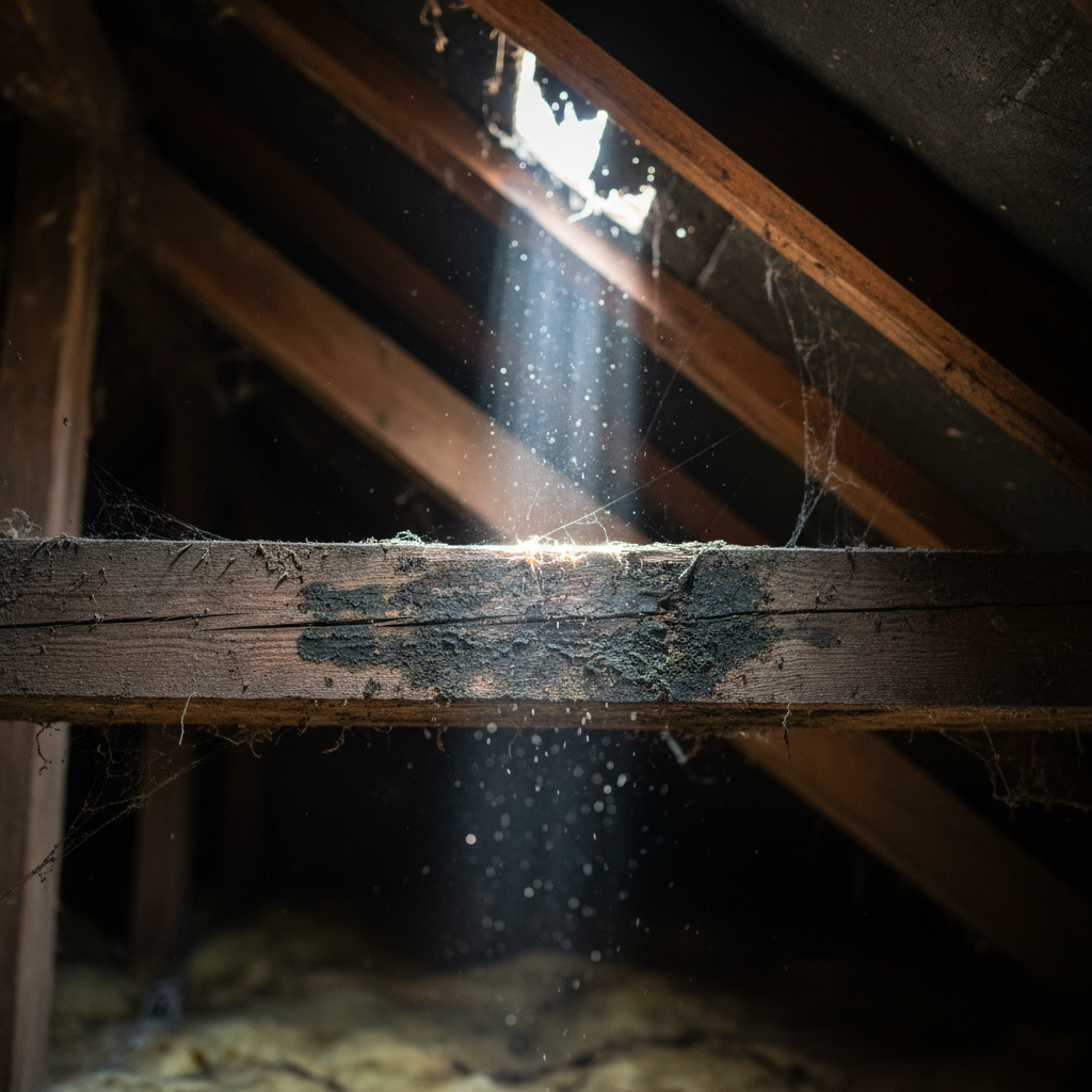 Water damage and damp staining on wooden rafters inside a dark home attic
