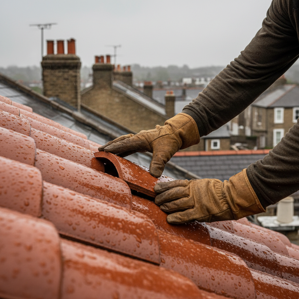 Close up of a worker installing traditional clay tiles on a Victorian style roof under a cloudy sky