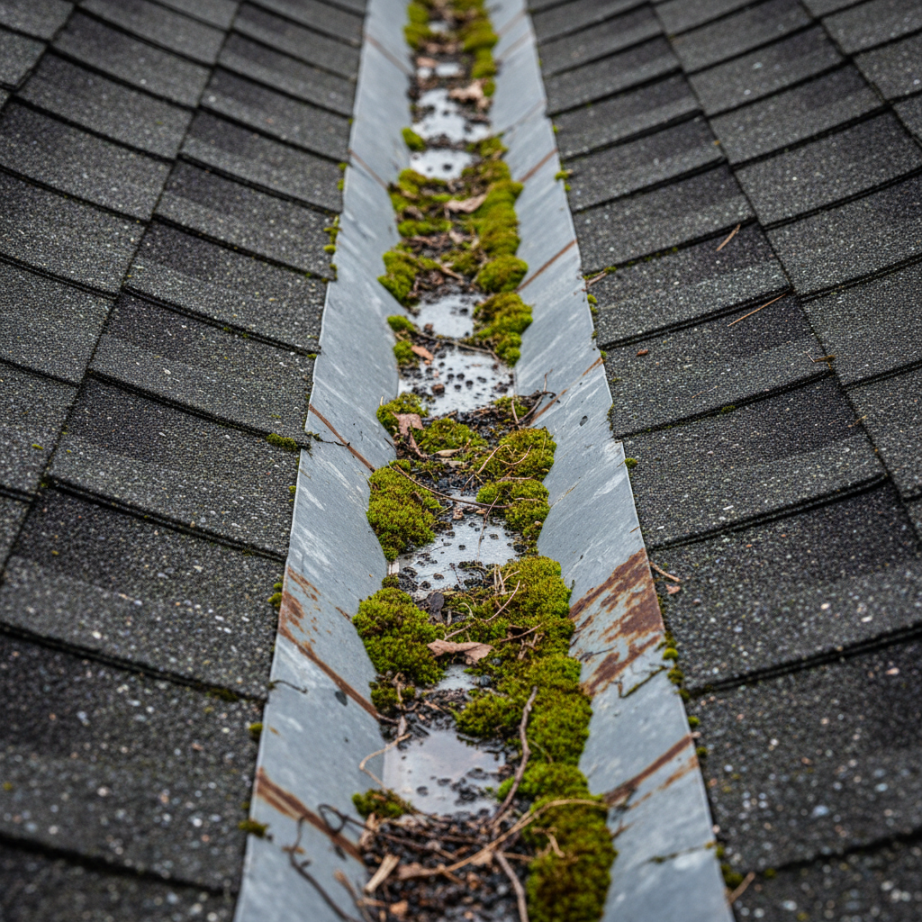 Metal roof valley flashing between two tiled slopes showing signs of moss buildup and aging