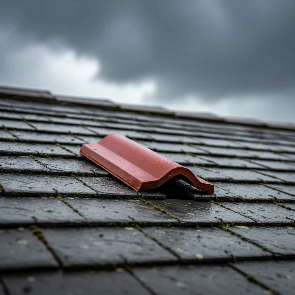A mismatched red roof tile sits crookedly among old grey slates with a visible gap