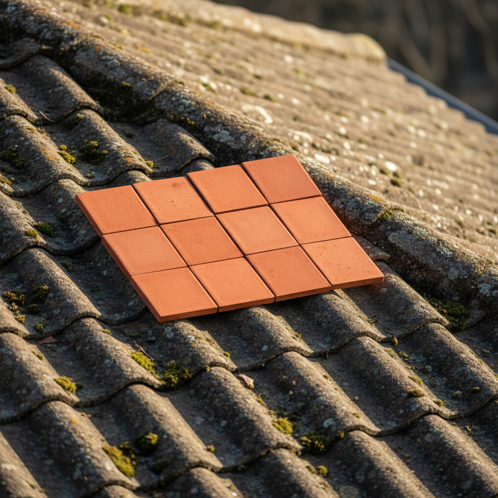 New bright orange roof tiles standing out against a section of weathered dark grey original tiles