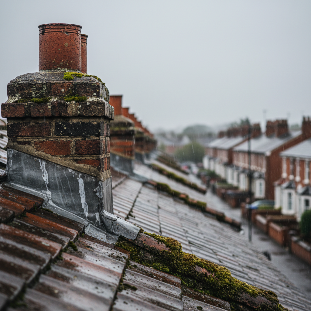 Close up of a brick chimney stack and mossy roof tiles on a traditional house during a rainstorm