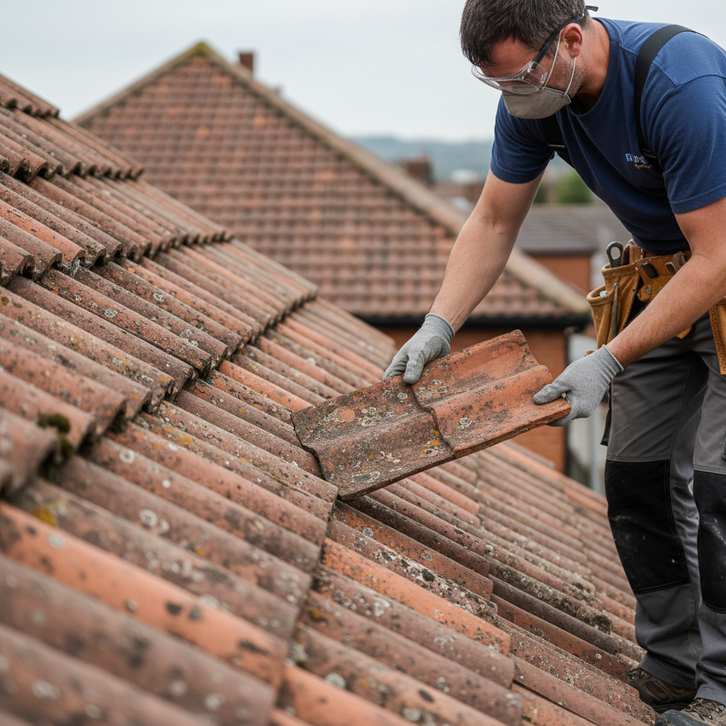 Roofer holding a reclaimed clay tile against an old terrace roof to check for a perfect color match