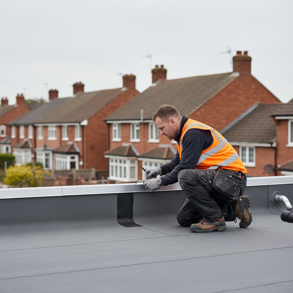 Roofer inspecting a grey rubber flat roof on a residential house under a cloudy sky