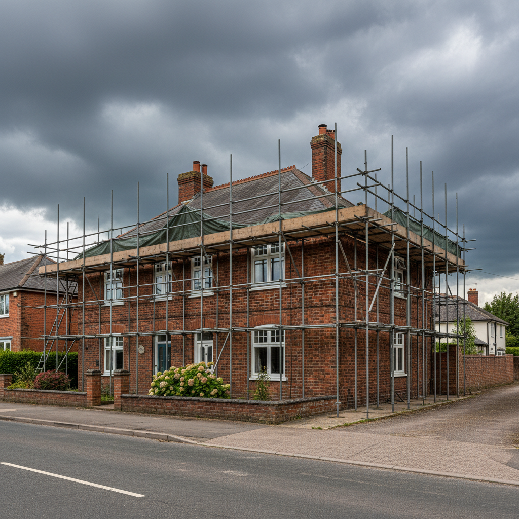 Scaffolding surrounding a brick house under a cloudy sky in a residential neighborhood