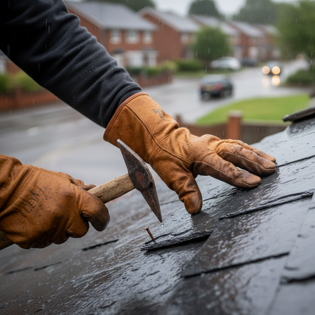 A roofer in work gloves fixing a slate tile on a wet roof during a rain shower