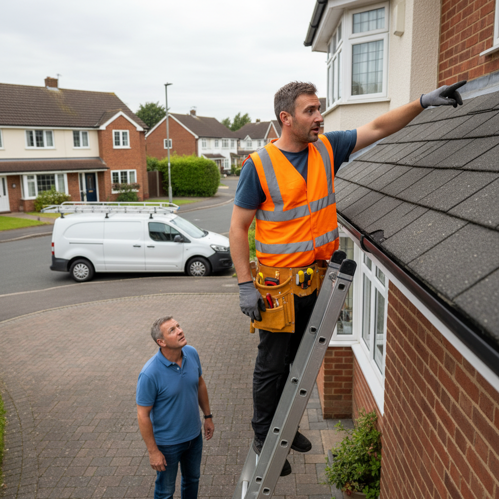 A roofer on a ladder discusses repairs with a homeowner next to a white work van on a residential street