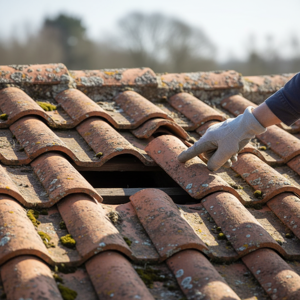 Slipped orange clay roof tiles showing a gap in the protective covering