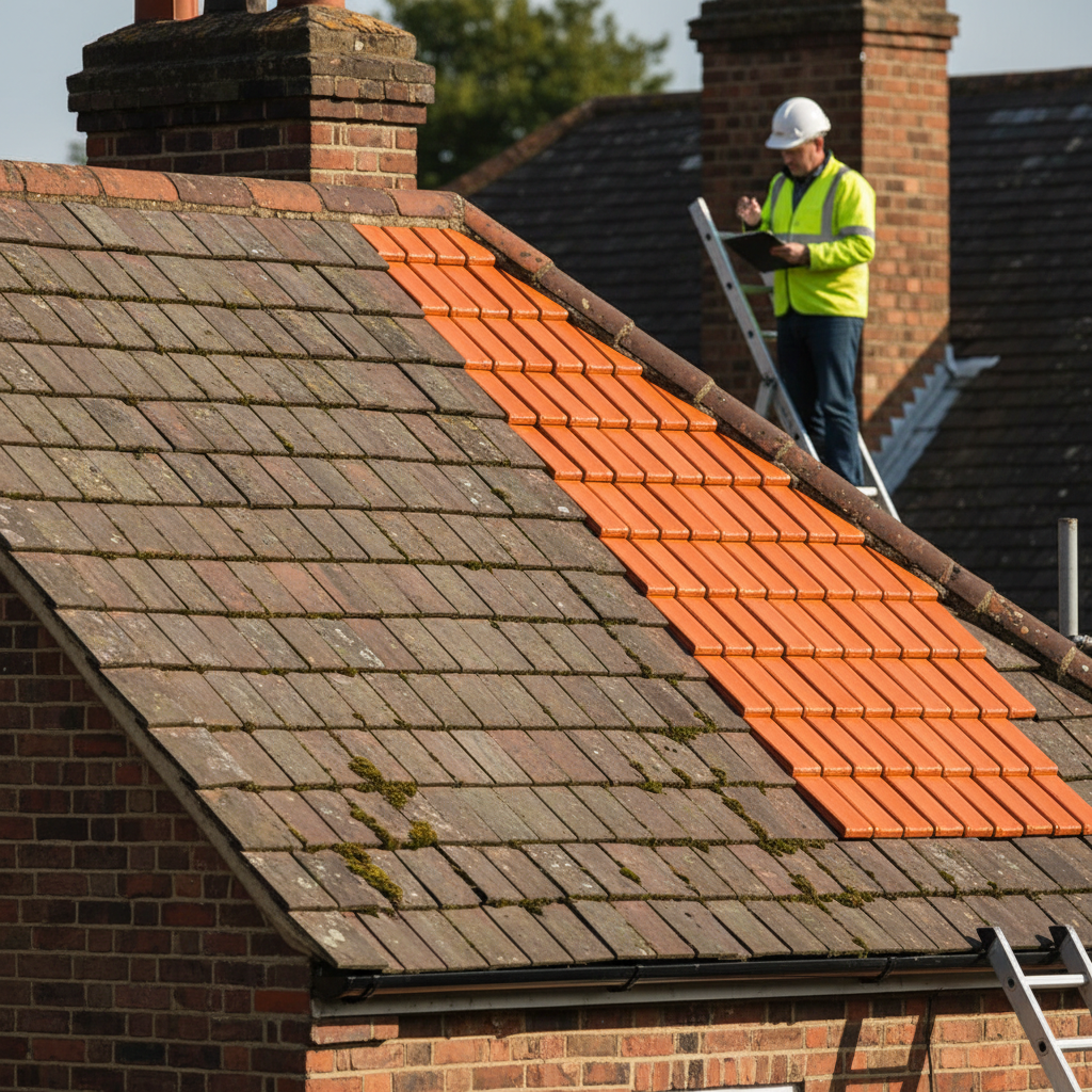 Surveyor on a ladder inspecting a roof with mismatched orange and weathered brown tiles