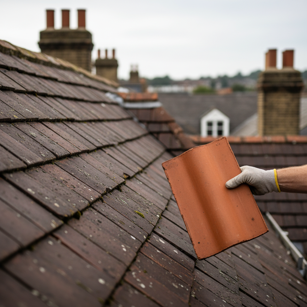 Roofer holding a new clay tile against weathered original tiles on a Victorian house roof