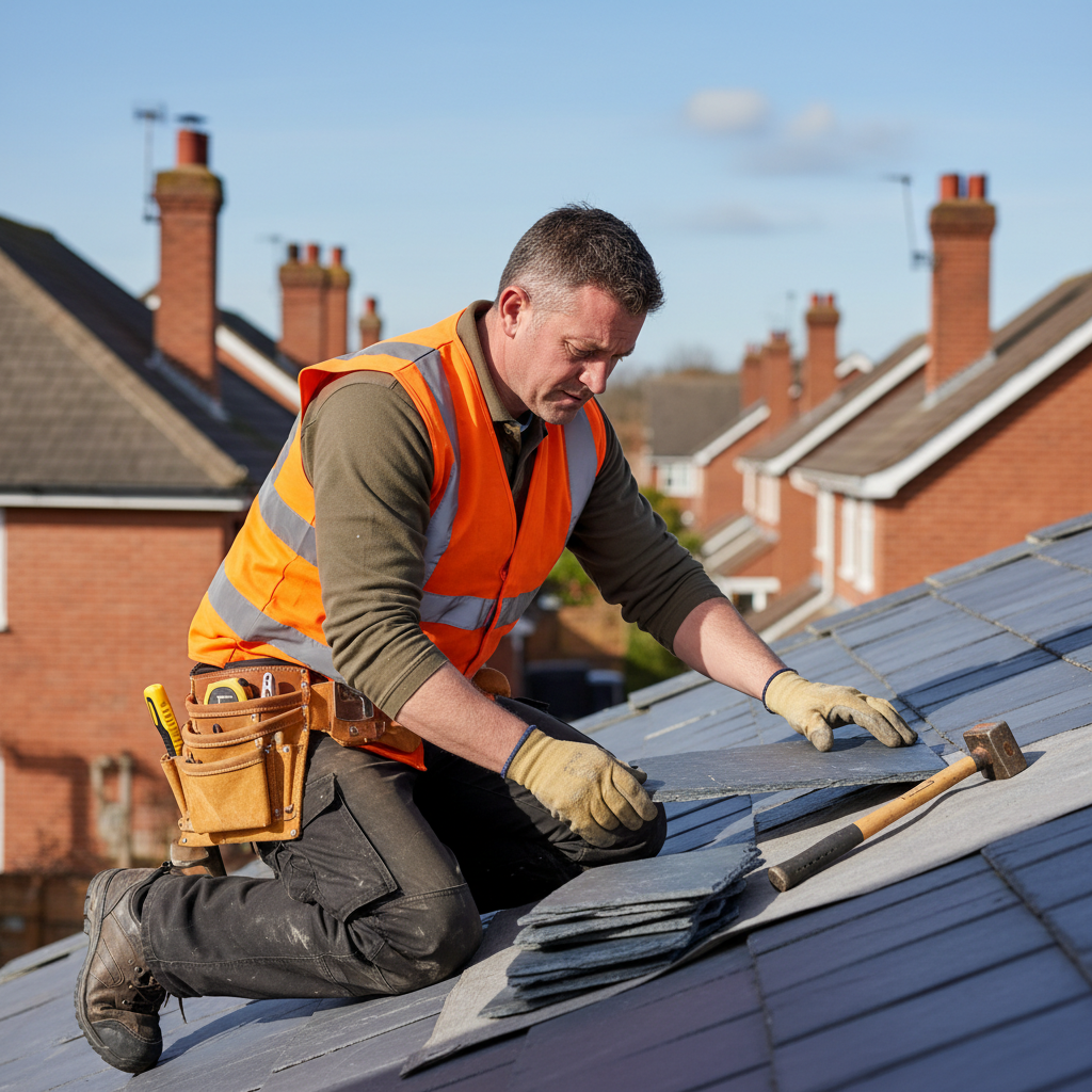 Roofer in a safety vest inspecting slate tiles on a brick house rooftop