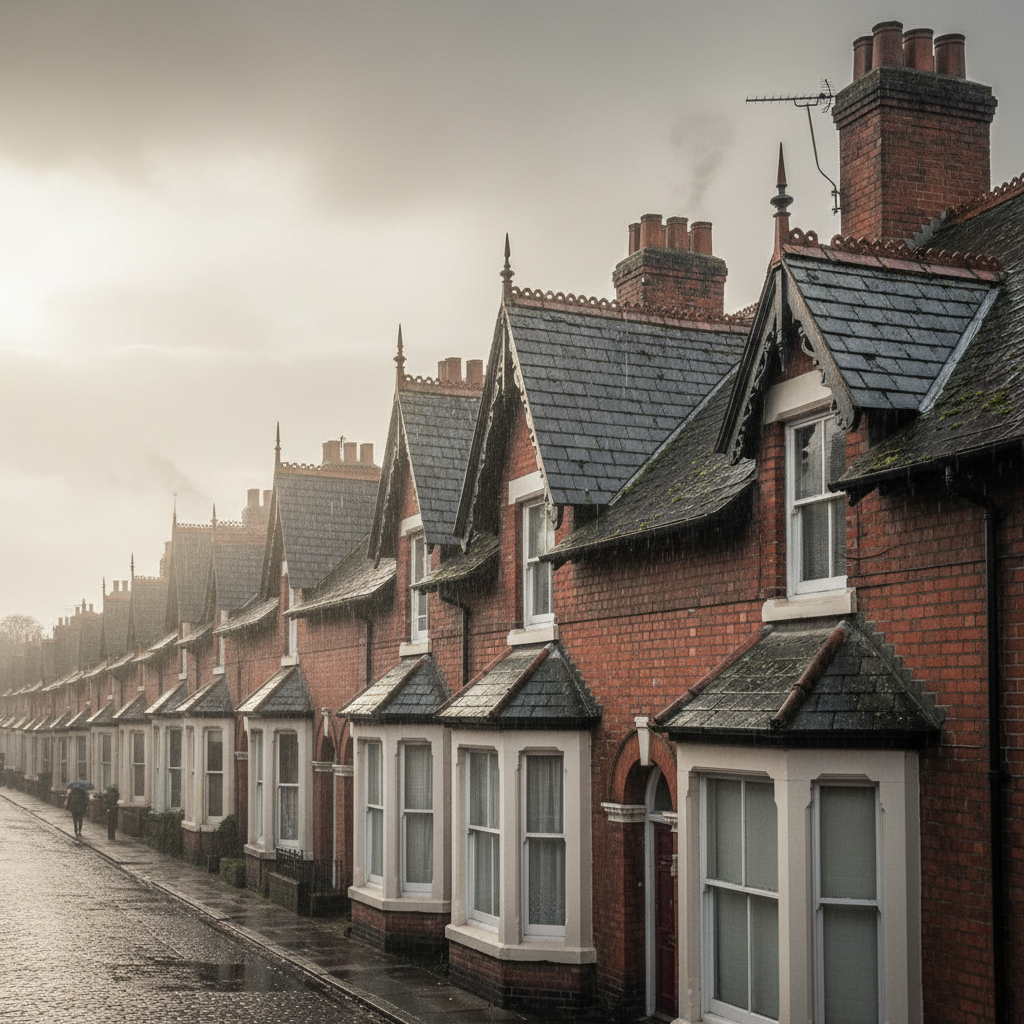 Row of traditional red-brick terraced houses with steep slate roofs and ornate chimneys under a cloudy sky