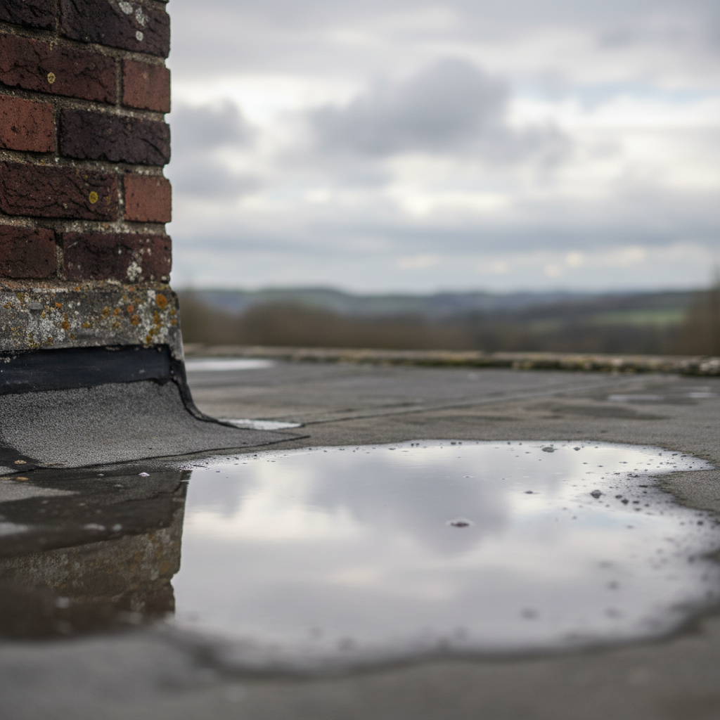 Standing water pooling on a weathered grey flat roof near a brick wall
