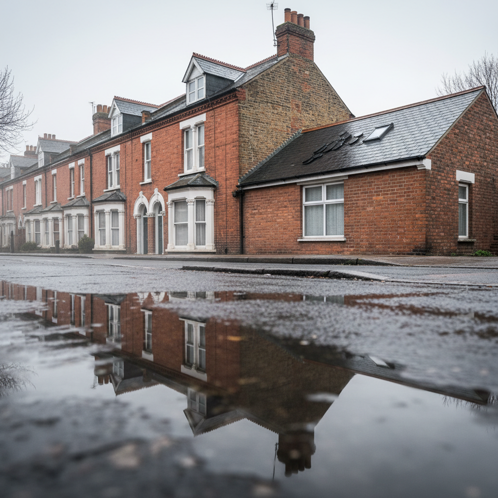 Row of Victorian brick terrace houses with wet rooftops and slight tile misalignment after a storm
