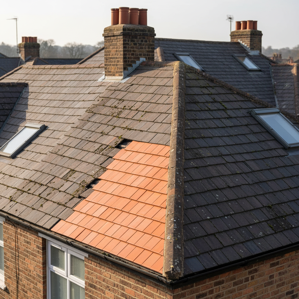 Mismatched roof tiles on a traditional house showing poor fit and color contrast between old and new materials