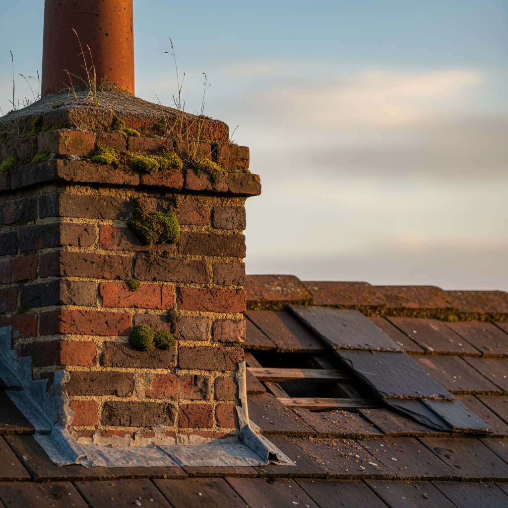 Crumbling mortar on a brick chimney stack with a slipped roof tile nearby