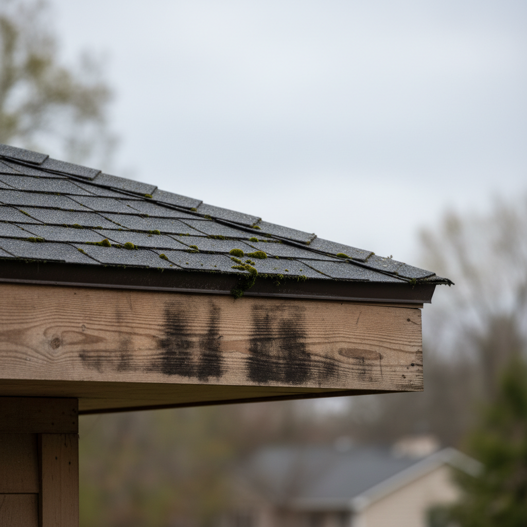 Close-up of cracked roof shingles and water-stained wooden fascia boards under a grey sky
