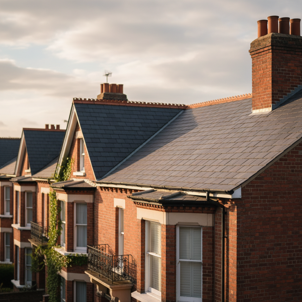 Victorian terraced house with a uniform dark slate roof and clean brickwork under a clear sky