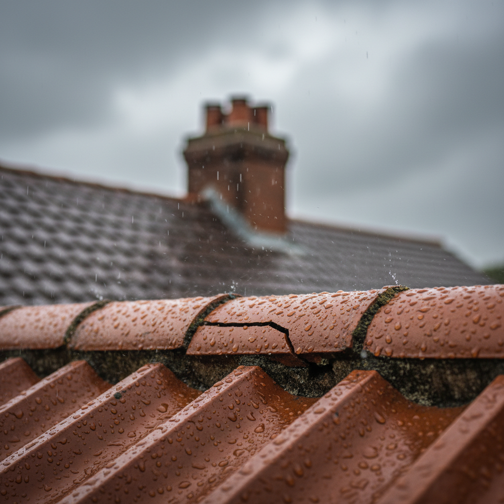 Close up of a cracked terracotta roof tile on a wet residential roof under a grey sky