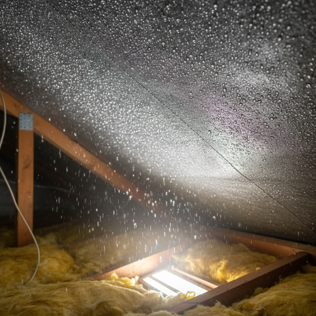 Water droplets forming on cold roof felt above yellow attic insulation due to poor ventilation