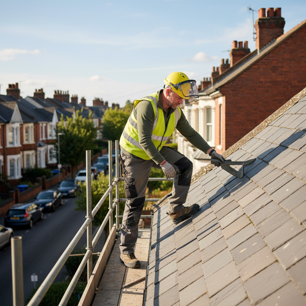 Roofer in high-visibility gear inspecting a slate roof on a traditional brick house