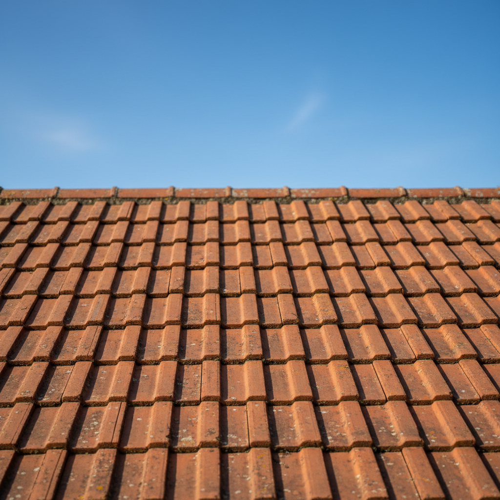 Uniform red clay roof tiles on a traditional house under a clear sky