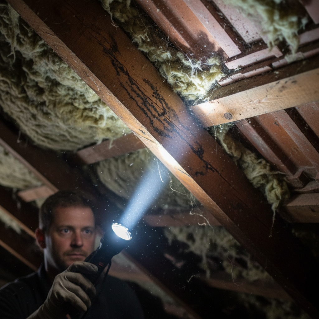 Person using a flashlight to inspect a water stained wooden roof beam in a dark attic