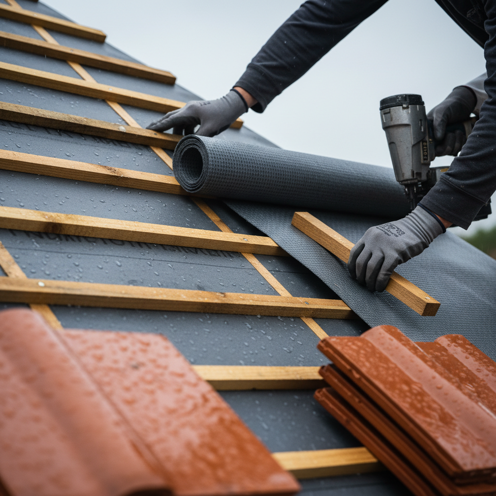 Close-up of breathable roofing membrane and timber battens being installed on a residential roof