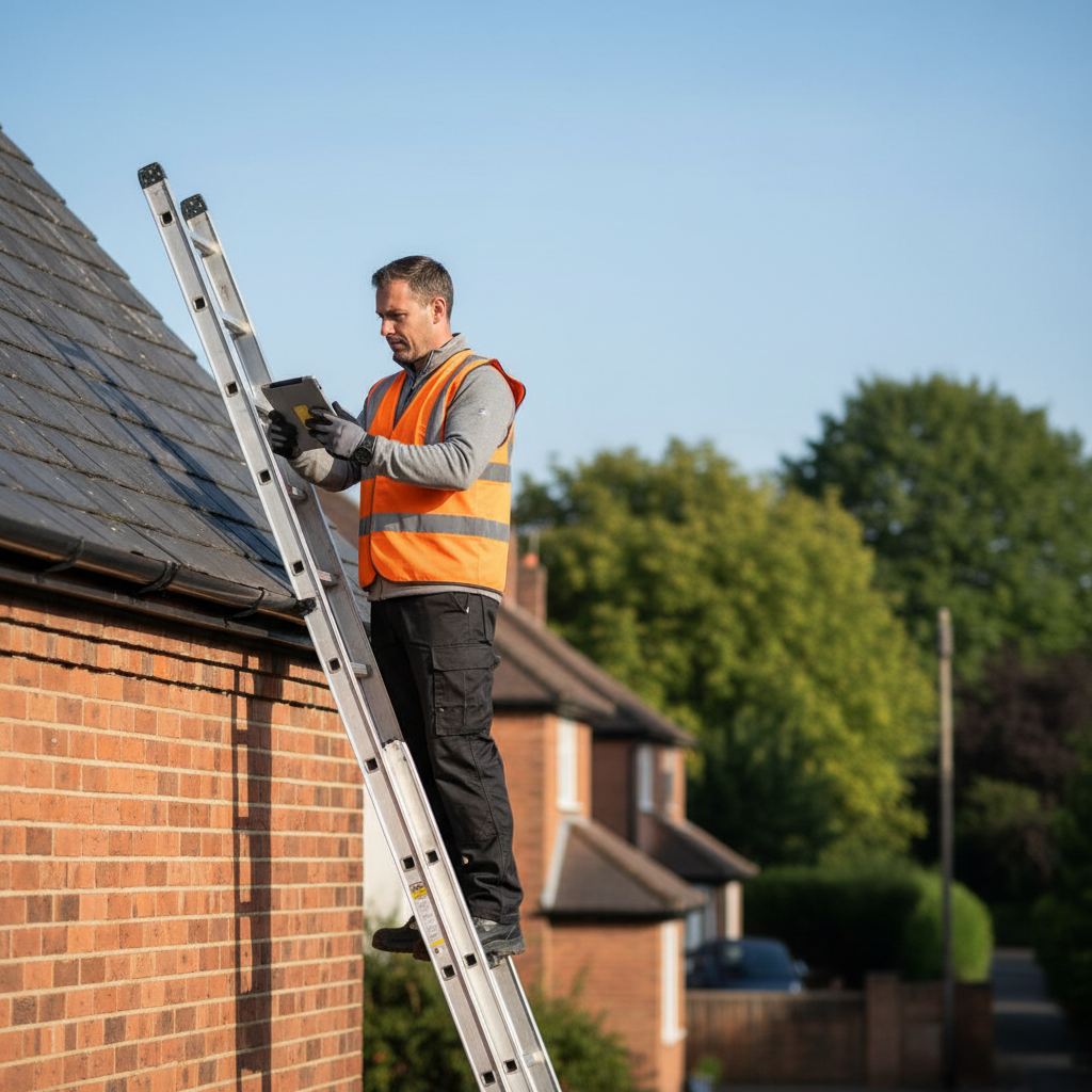 Roofer in a safety vest inspecting slate tiles on a brick house using a digital tablet