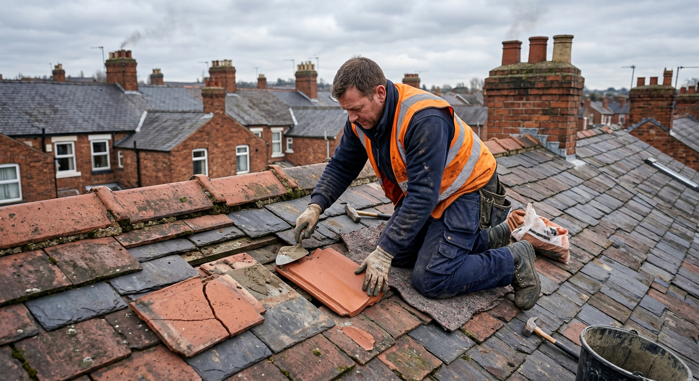 Roofer in high-visibility gear replacing a cracked clay tile on a residential rooftop