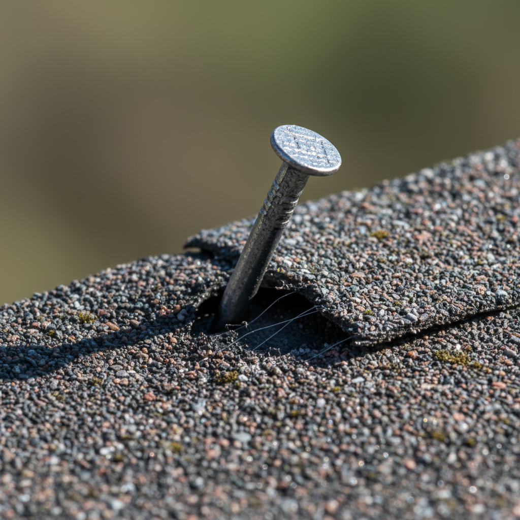 Close up of a crookedly driven nail damaging a roofing shingle