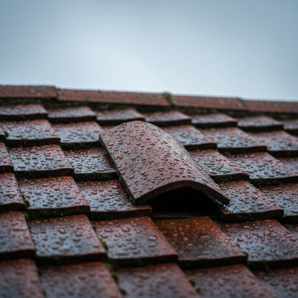 A slipped red clay roof tile on a traditional house during a rainstorm