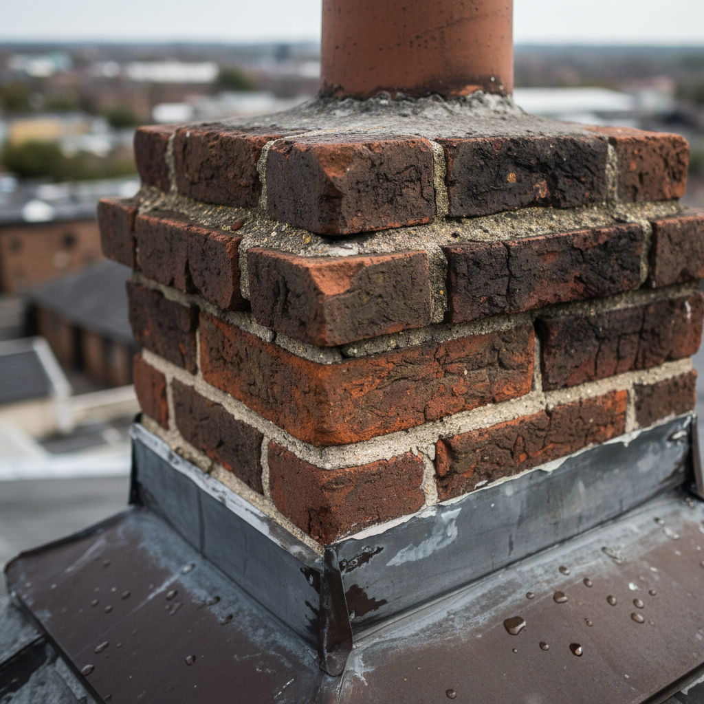 Detail of cracked mortar and a gap between chimney bricks and lead flashing on a rooftop