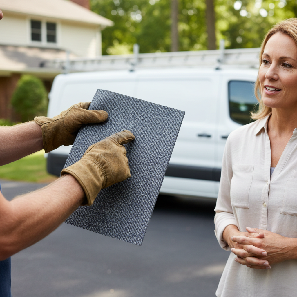 Contractor showing a homeowner a sample of breathable roofing membrane outdoors