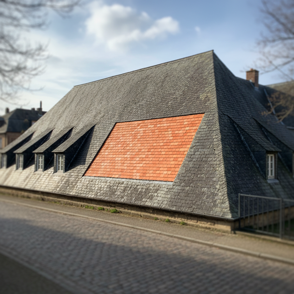 Dark slate roof with a mismatched patch of bright orange concrete tiles