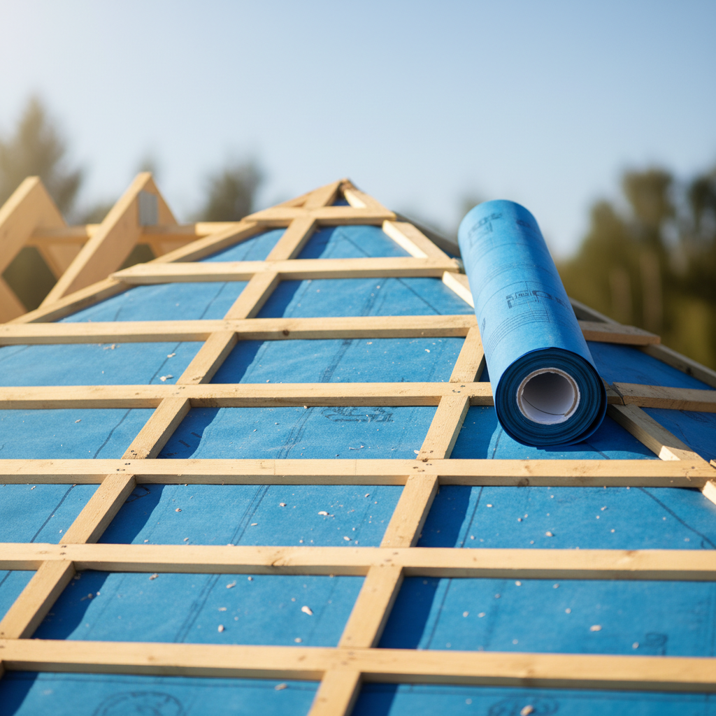 Exposed roof layers showing wooden battens over a blue breathable membrane