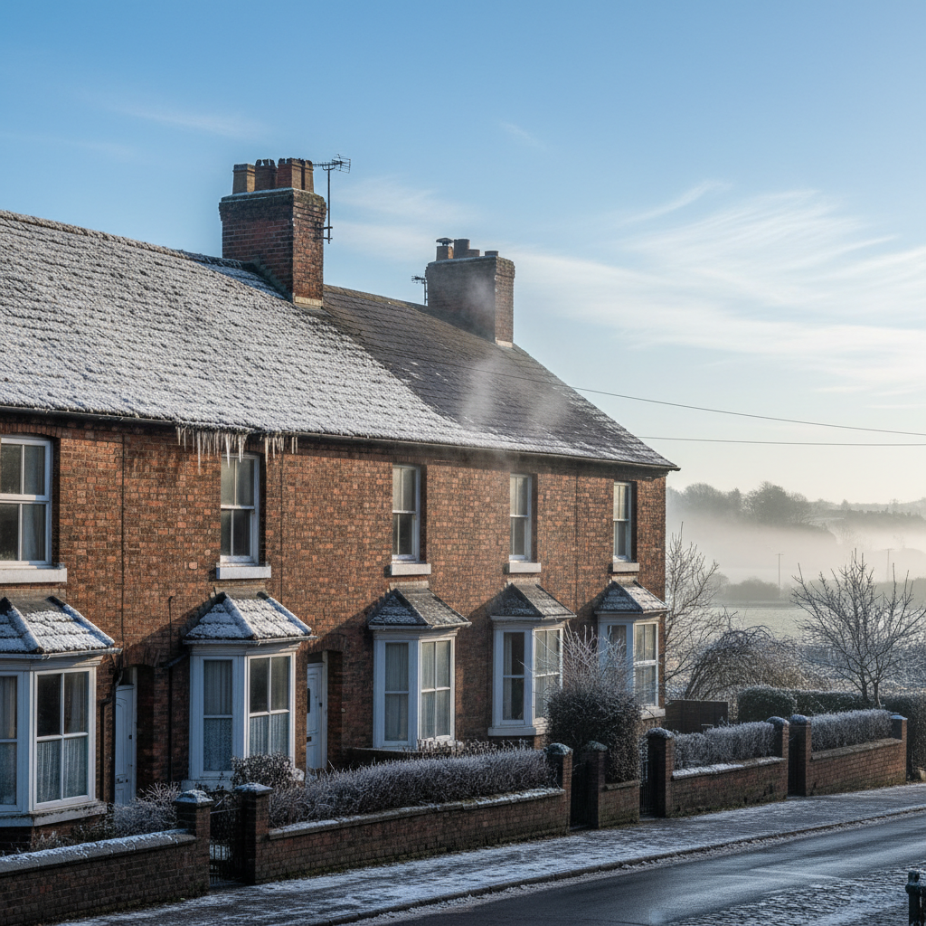 Comparison of two rooftops in winter showing one holding snow and one melting due to heat loss