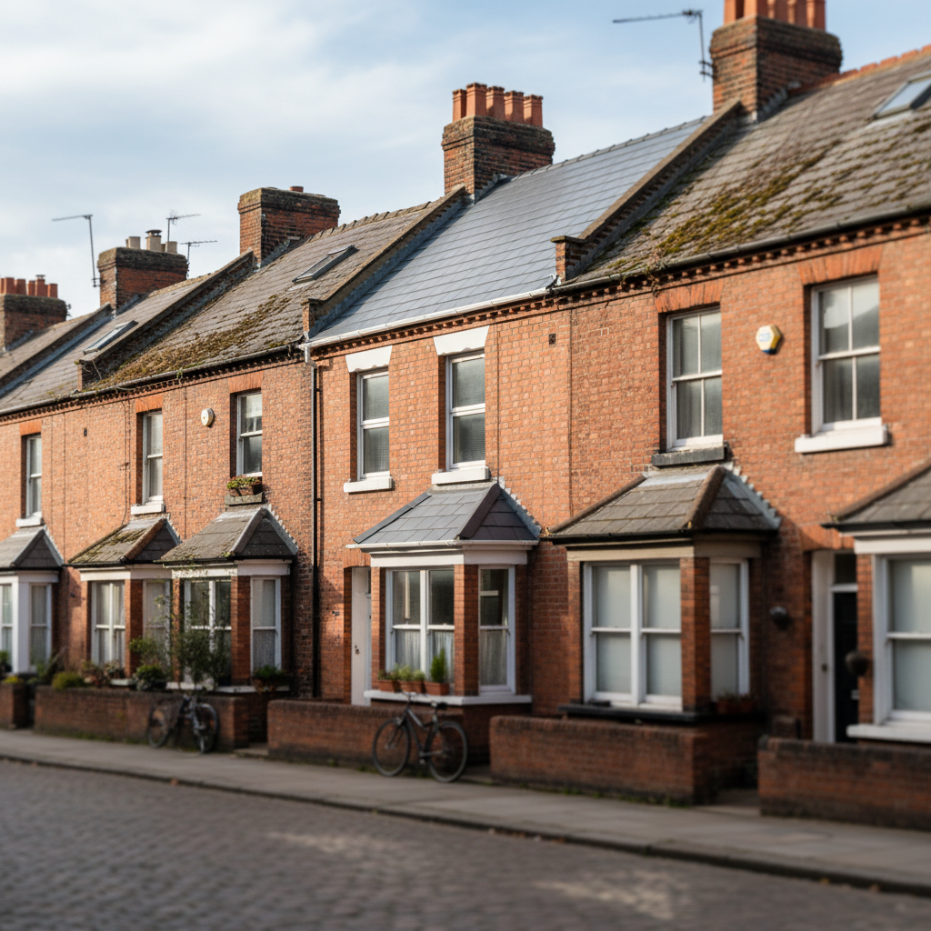Row of traditional brick terraced houses with a mix of old and new roofing tiles